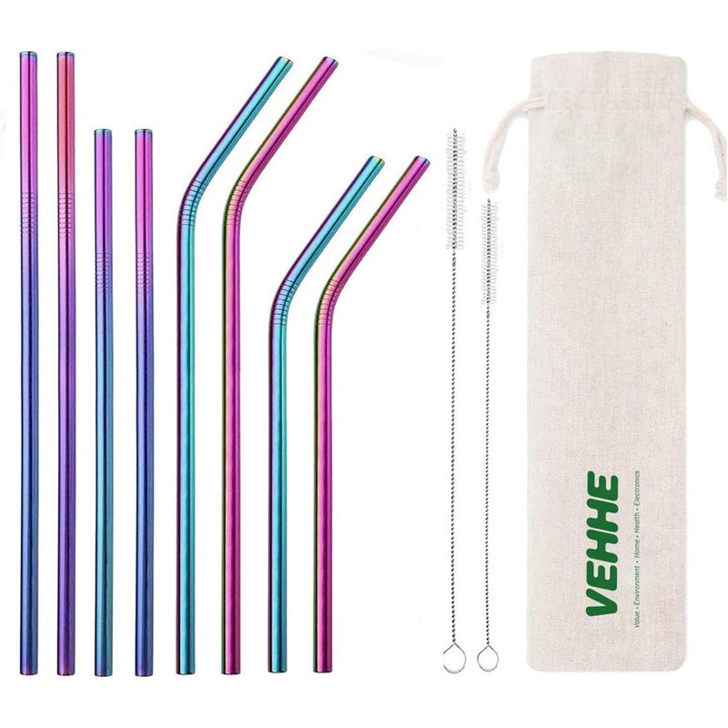 VEHHE Reusable Straws 8 Set Multi Color Stainless Steel Straws - Cleaning Brush for 20 Oz (Rainbow 8.5 inch + 10.5 inch) - Image 1